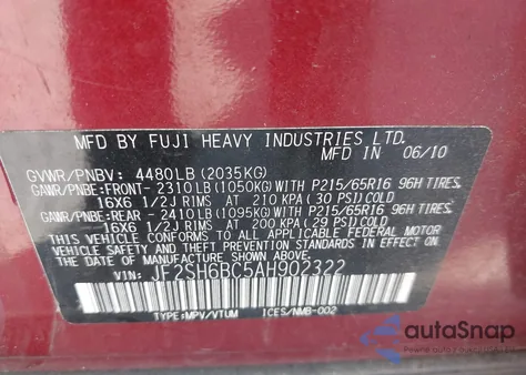 2010 Subaru Forester 2.5X из США, поврежденный, VIN JF2SH6BC5AH902322